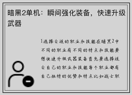 暗黑2单机：瞬间强化装备，快速升级武器